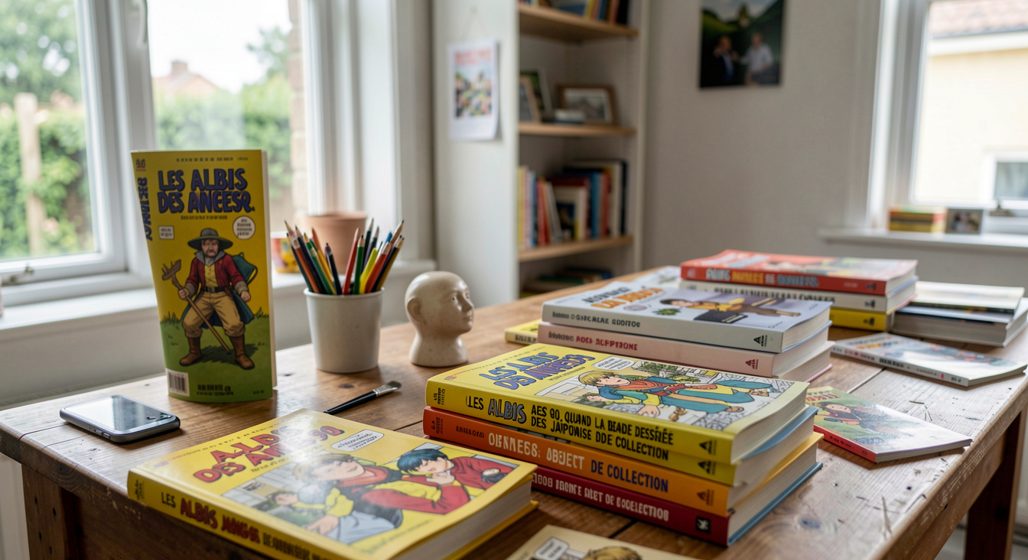 Pile d'albis de manga des années 1990 aux dos colorés posée sur une table de chineur en fin d'après-midi