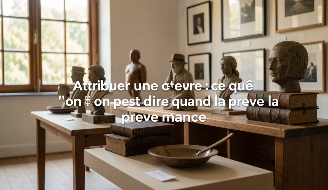 Table de documentation avec loupe, catalogue ouvert sur une notice d'attribution et petit tableau posé à plat sous lumière douce