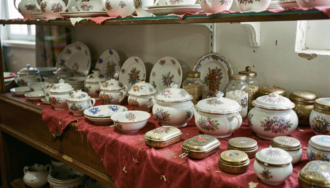 Vitrine garnie de porcelaines tendres et de tabatières posées sur tissu rouge fané