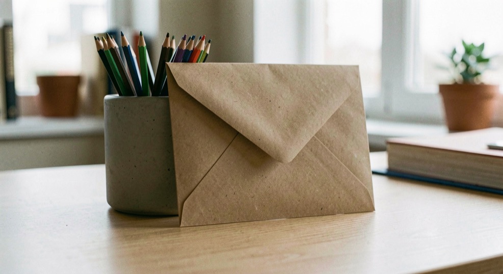 Enveloppe kraft posée debout contre un pot à crayons sobre sur bureau net