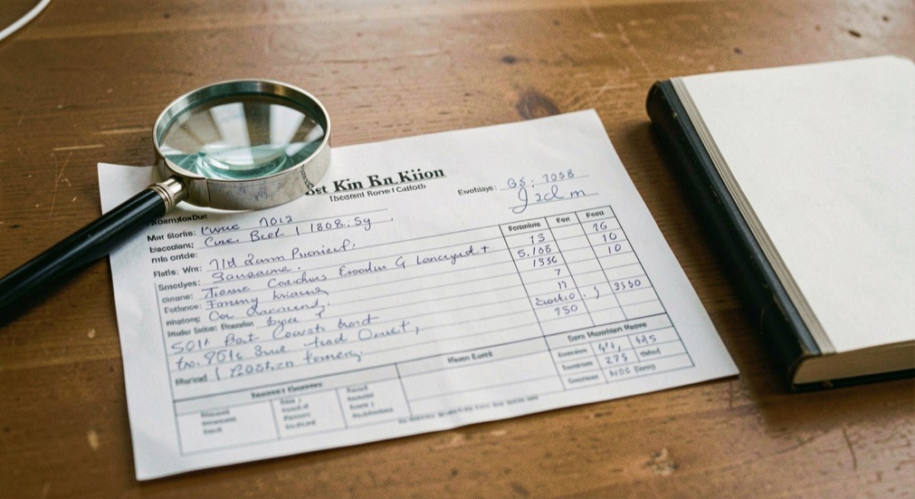 Facture manuscrite posée à plat près d'une loupe et d'un carnet propre