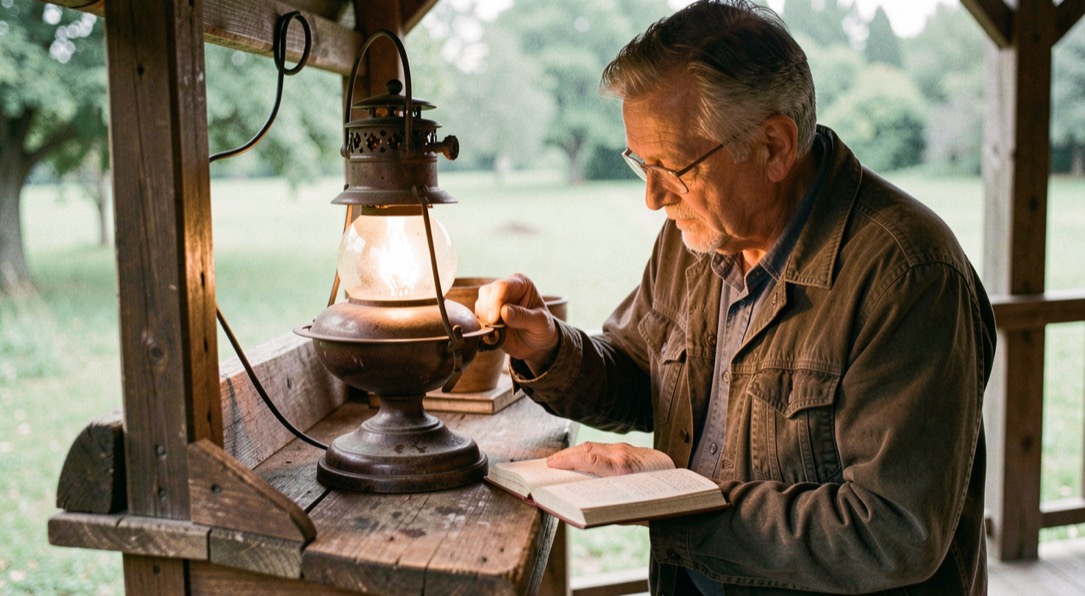 Amateur examinant une lampe ancienne sous la véranda d'un stand, cahier ouvert à côté