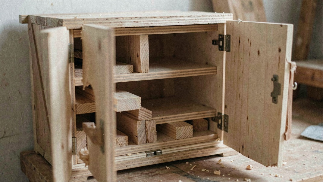Dos d'un petit meuble ouvert montrant planches brutes et assemblages apparents sous lumière douce