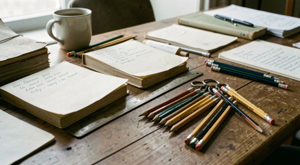 Table de rédaction avec carnets datés, règles et trousseau de crayons bien taillés