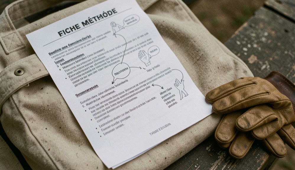 Fiche méthode imprimée annotée posée sur un sac de toile près de gants fins