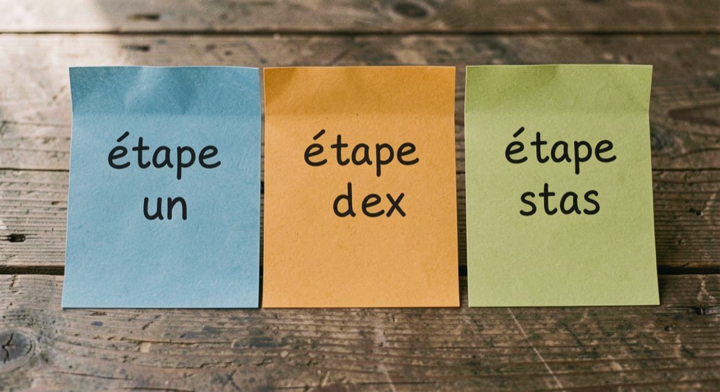 Trois fiches cartonnées colorées marquées étape un deux trois alignées verticalement