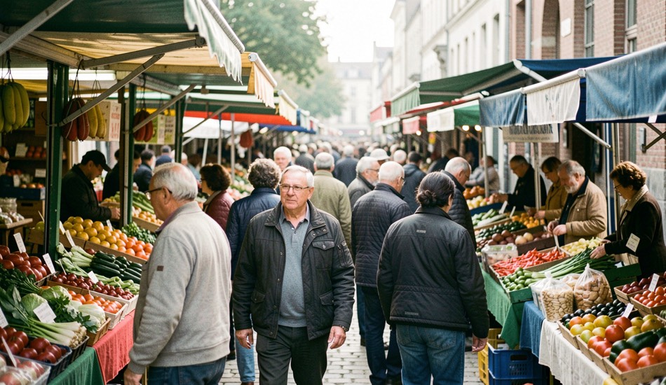 Filet de visiteurs matinaux descendant vers les premières rangées d'étals ouverts