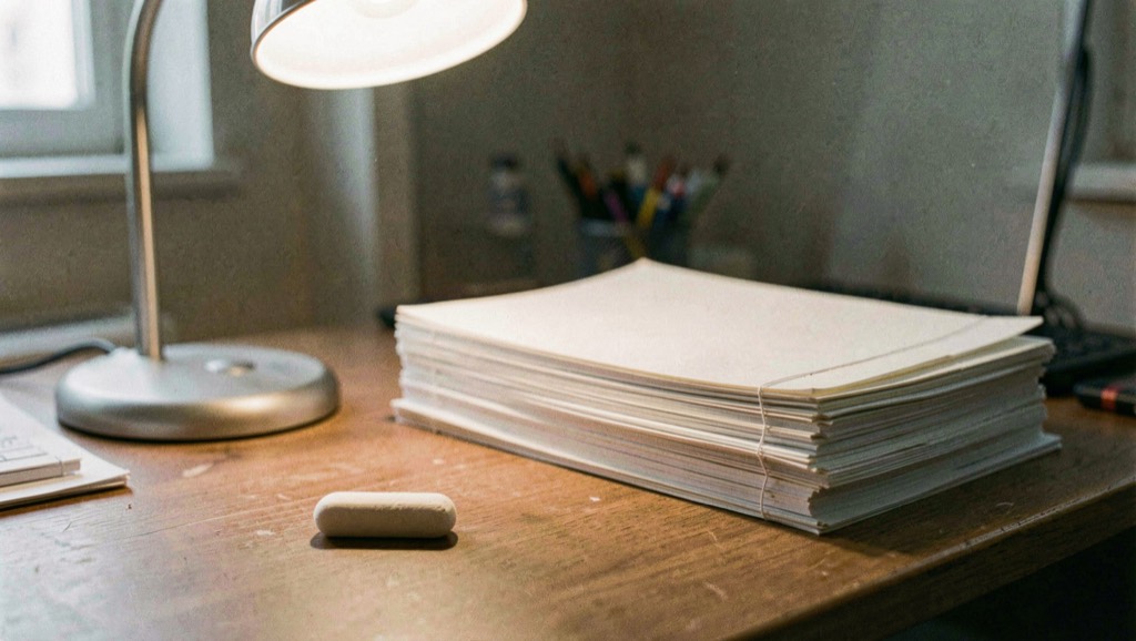 Tampon encreur posé près d'une pile de pages reliées simples sous lampe de bureau