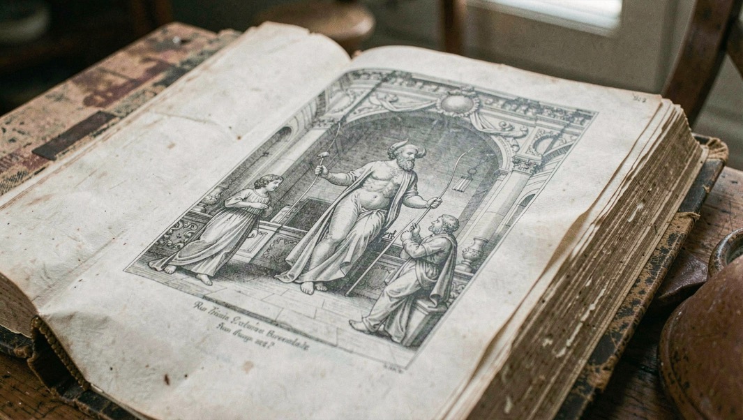 Intérieur ouvert d'un livre ancien montrant une gravure pleine page sur papier vergé