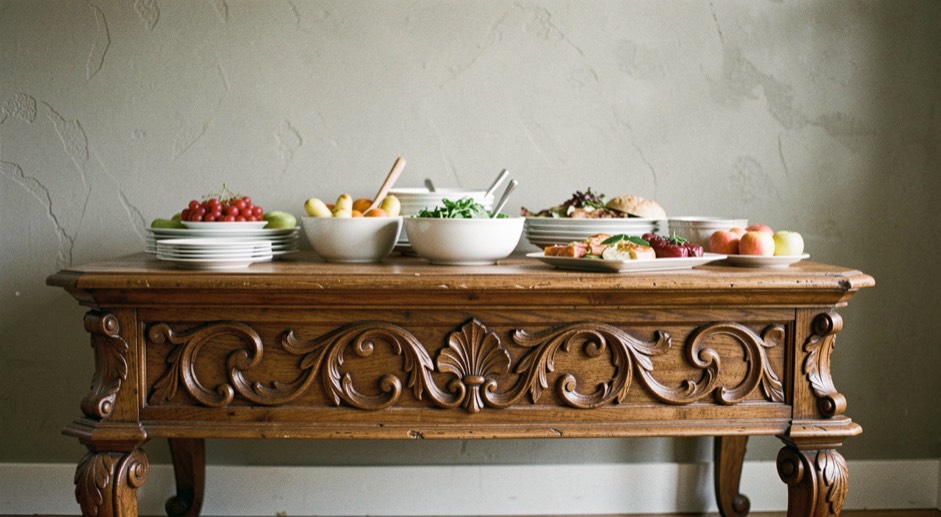 Buffet deux corps en chêne sculpté à motifs de rinceaux présenté contre un mur grège