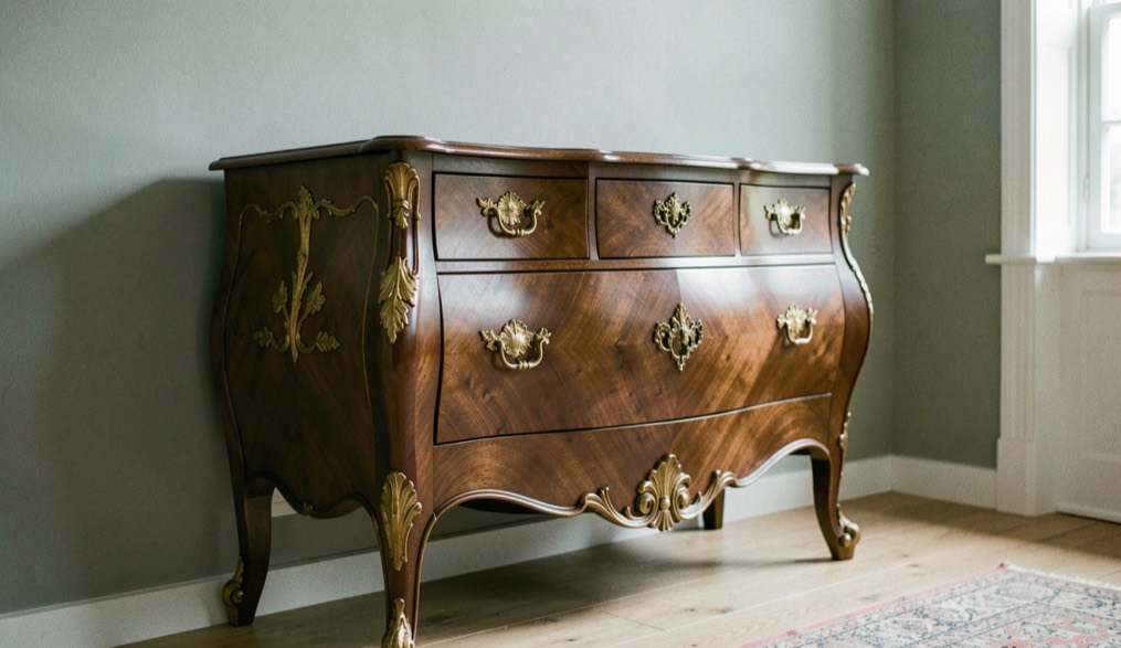 Commode transition galbée ornée de bronzes dorés posée dans une pièce sobre aux murs teintés