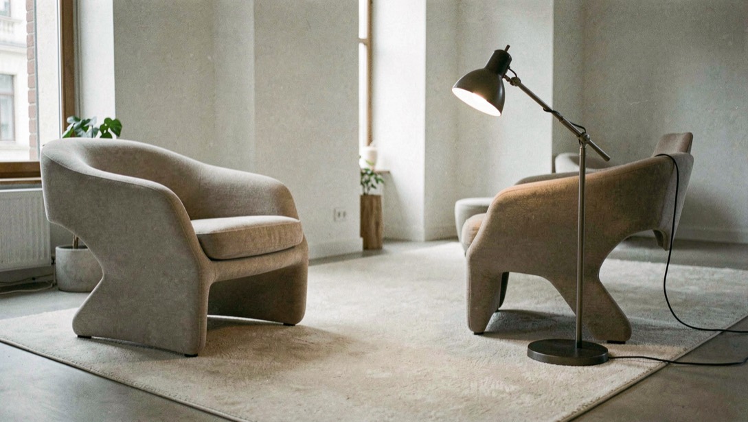 Salon épuré avec fauteuils aux courbes laminées, tapis uni et lampe articulée posée au sol