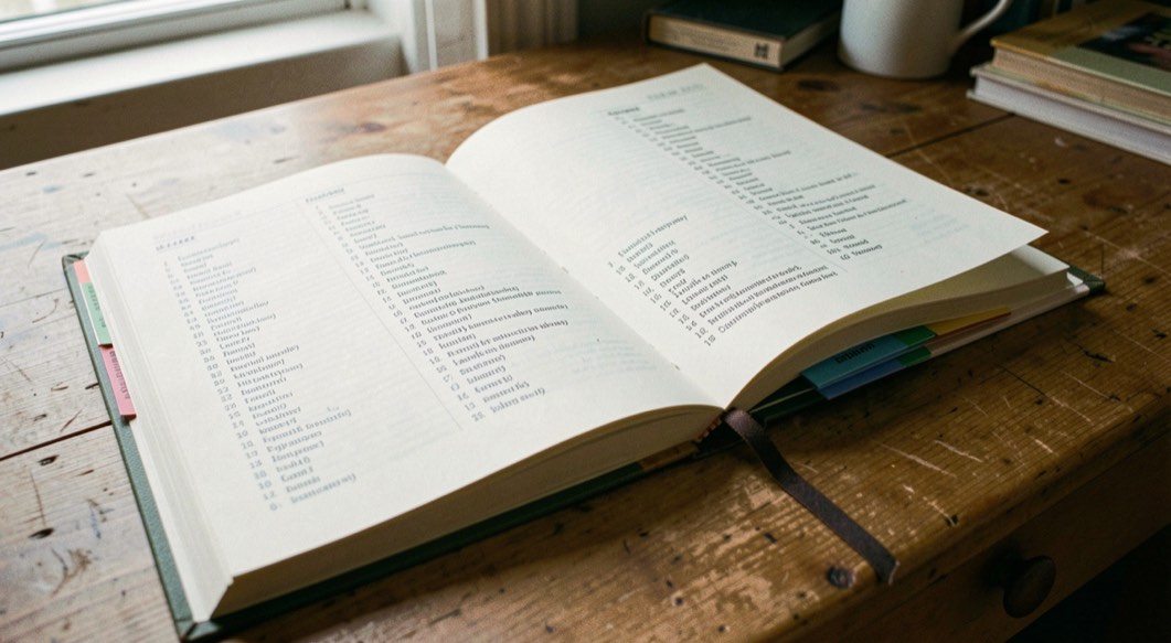Grand index cartonné ouvert sur une table, onglets alphabétiques visibles