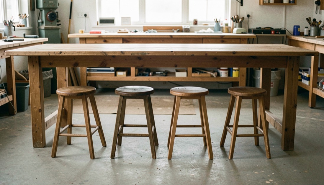 Quatre tabourets bas alignés devant une grande table d'atelier dégagée