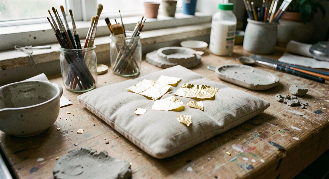 Établi d'atelier avec pinceaux fins, mortier, feuilles d'or posées sur un coussinet et éclairage dirigé