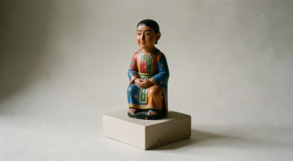Petite statue en bois polychrome posée sur socle neutre et éclairée doucement de côté