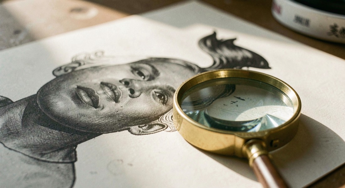 Loupe posée près d'un dessin à la pierre noire sous lumière douce et rasante